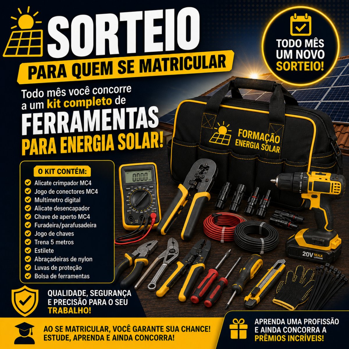 Sorteio mensal de kit completo de ferramentas para energia solar